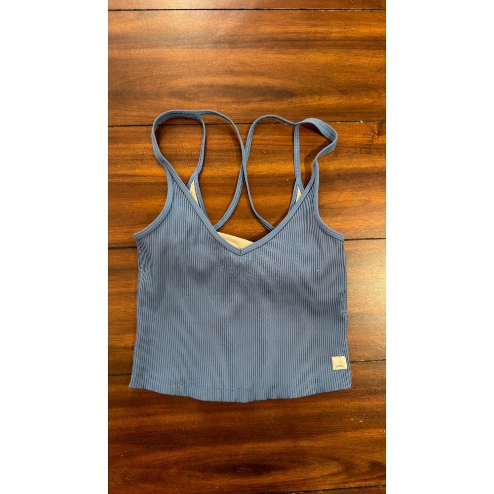 Vuori Ribbed V-Neck Crop Tank with Built-in Bra Dusty Blue Straps Size Small - Picture 5 of 16